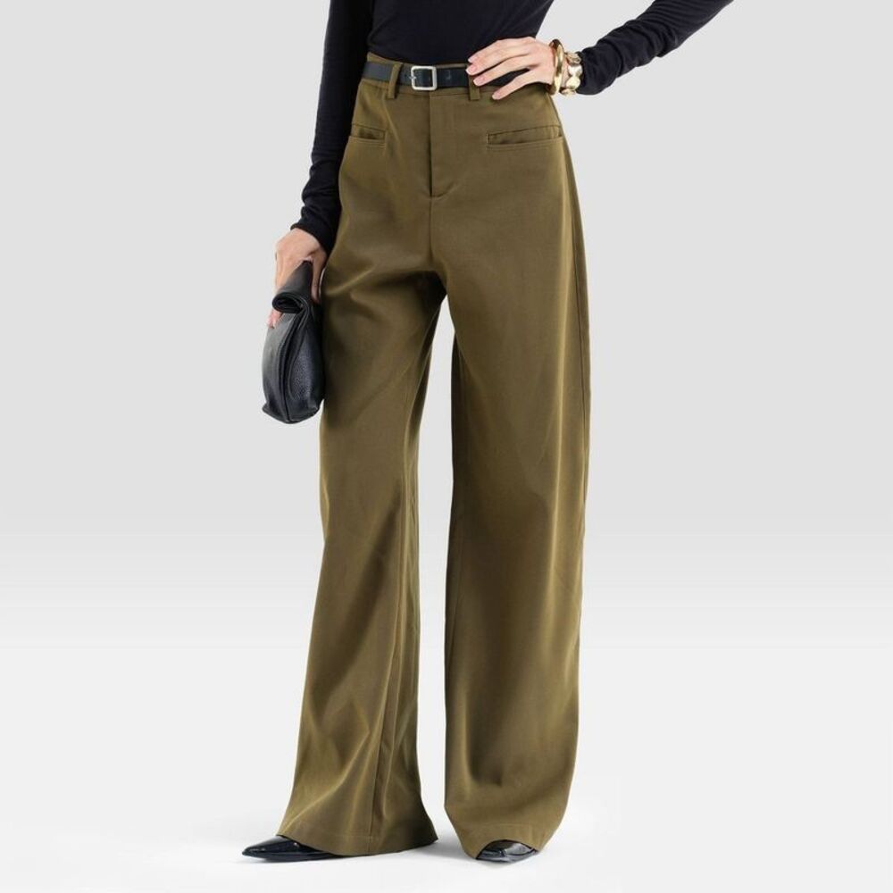 Women's High-Rise Welt Pocket Wide Leg Trousers - A New Day Olive Green 14 - Picture 4 of 5
